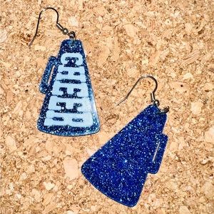 Sparkly blue megaphone cheer earrings